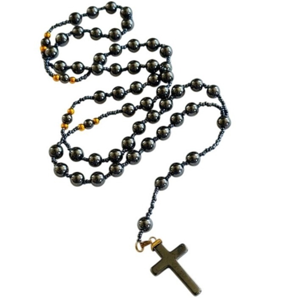 Rosary‎ cross necklace rare Hematite natural Beaded rare 28"L